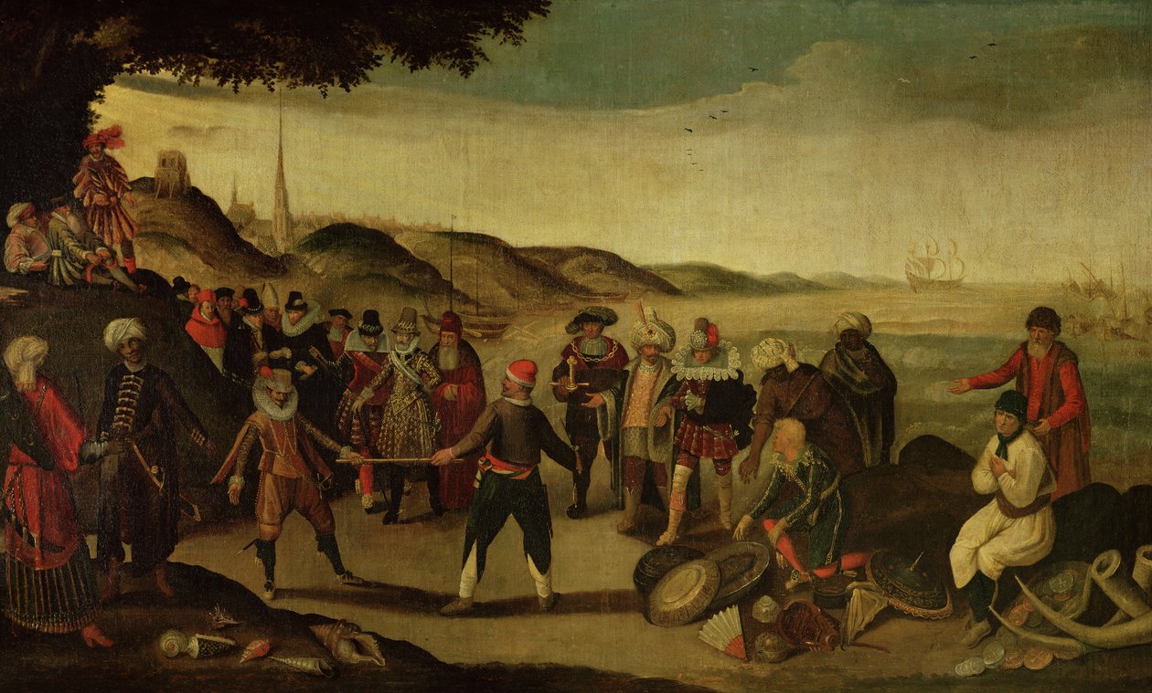 Tvisten om den gyllene stafettpinnen eller Tvisten mellan spanjorerna och holländarna om handeln i Indien, 1609 av French School