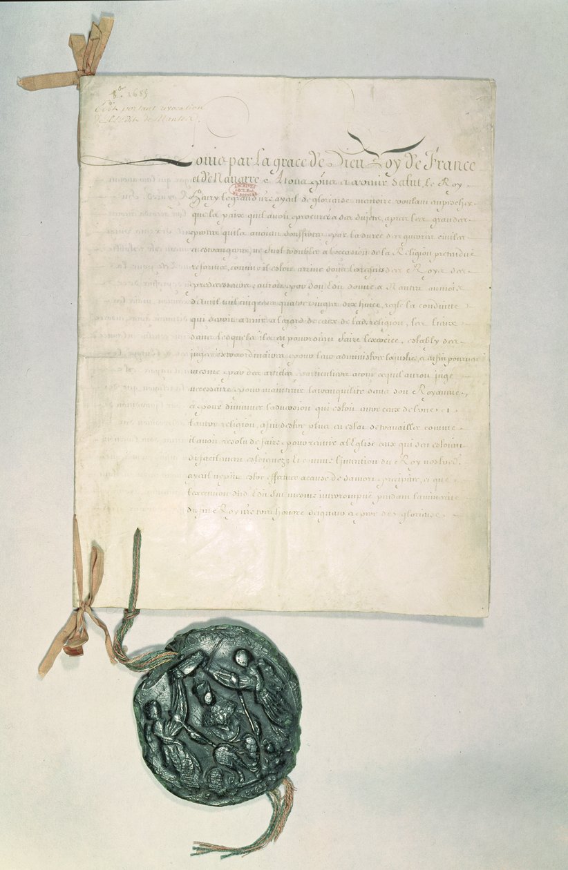 Ediktet av Fontainebleau, 18 oktober 1685 (penna och bläck på papper) av French School