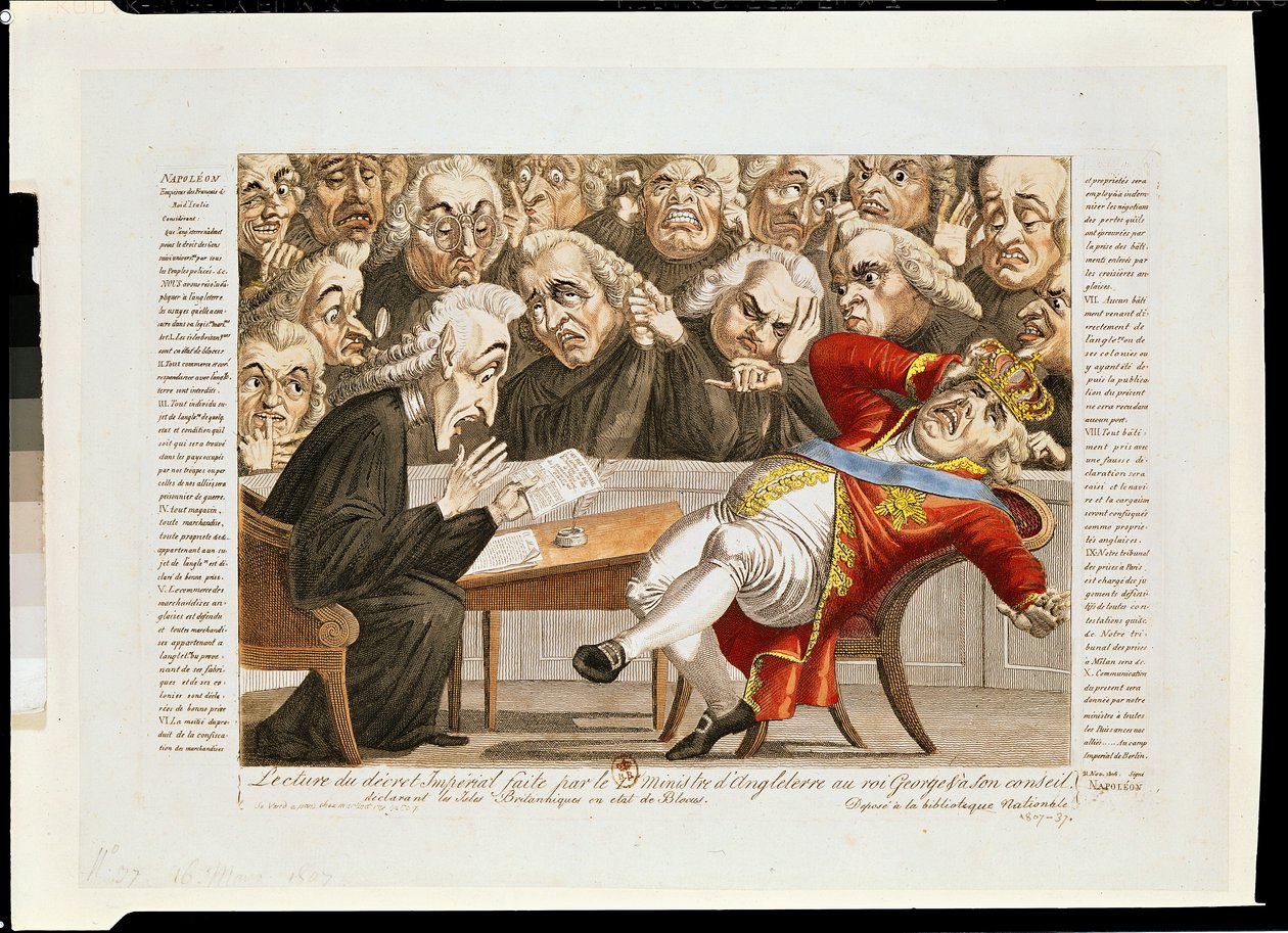 Den engelske ministern läser det kejserliga dekretet till George III (1738-1820) som förklarar att de brittiska öarna är föremål för en blockad, 21 november 1807 av French School