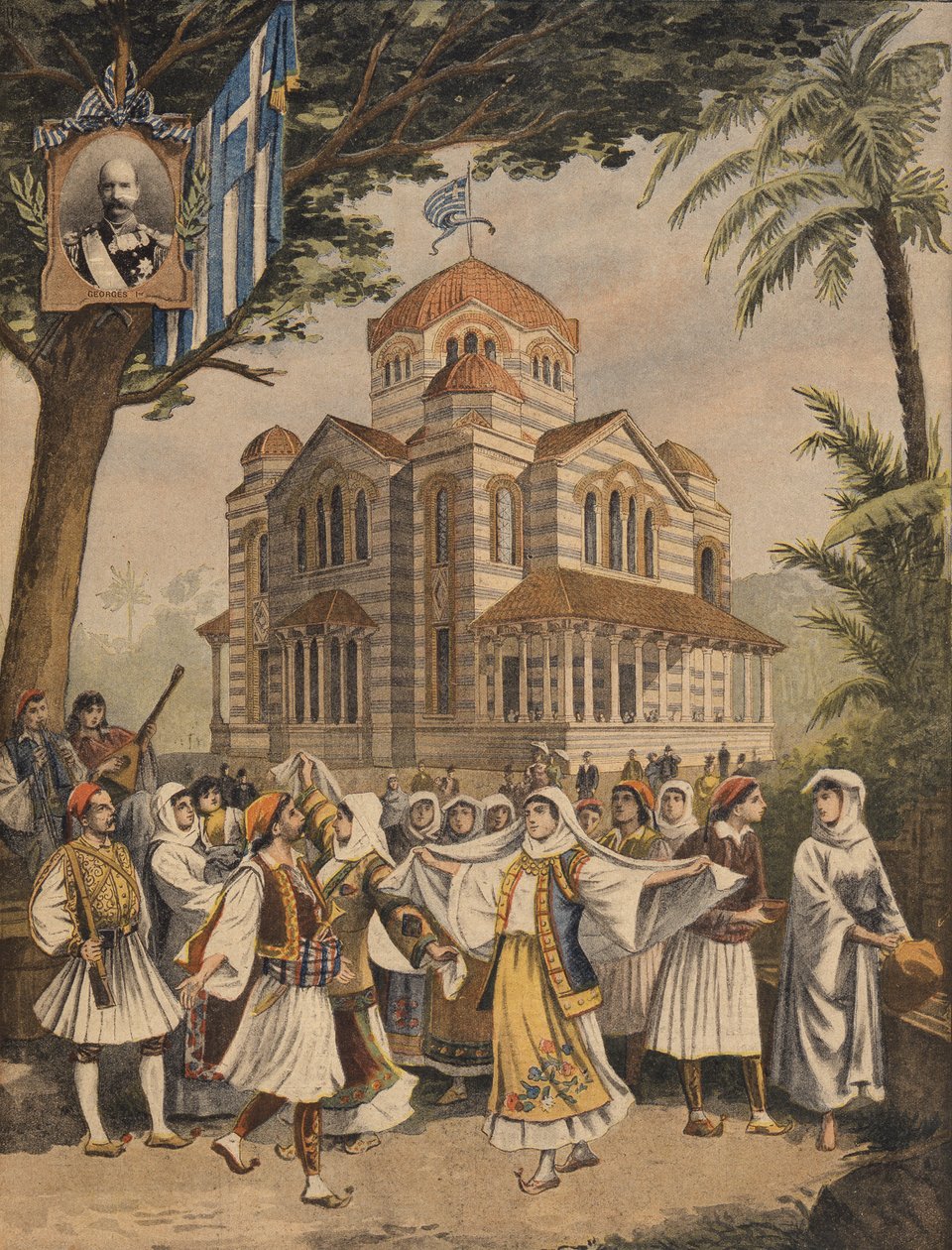 Den grekiska paviljongen vid världsutställningen 1900, Paris, illustration från Le Petit Journal, 6 maj 1900 av French School