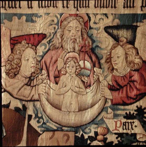 Den helige Ande bärs av två änglar och välkomnad till himlen av Gud Fadern, från The Life of St. Peter (ulltapet) av French School