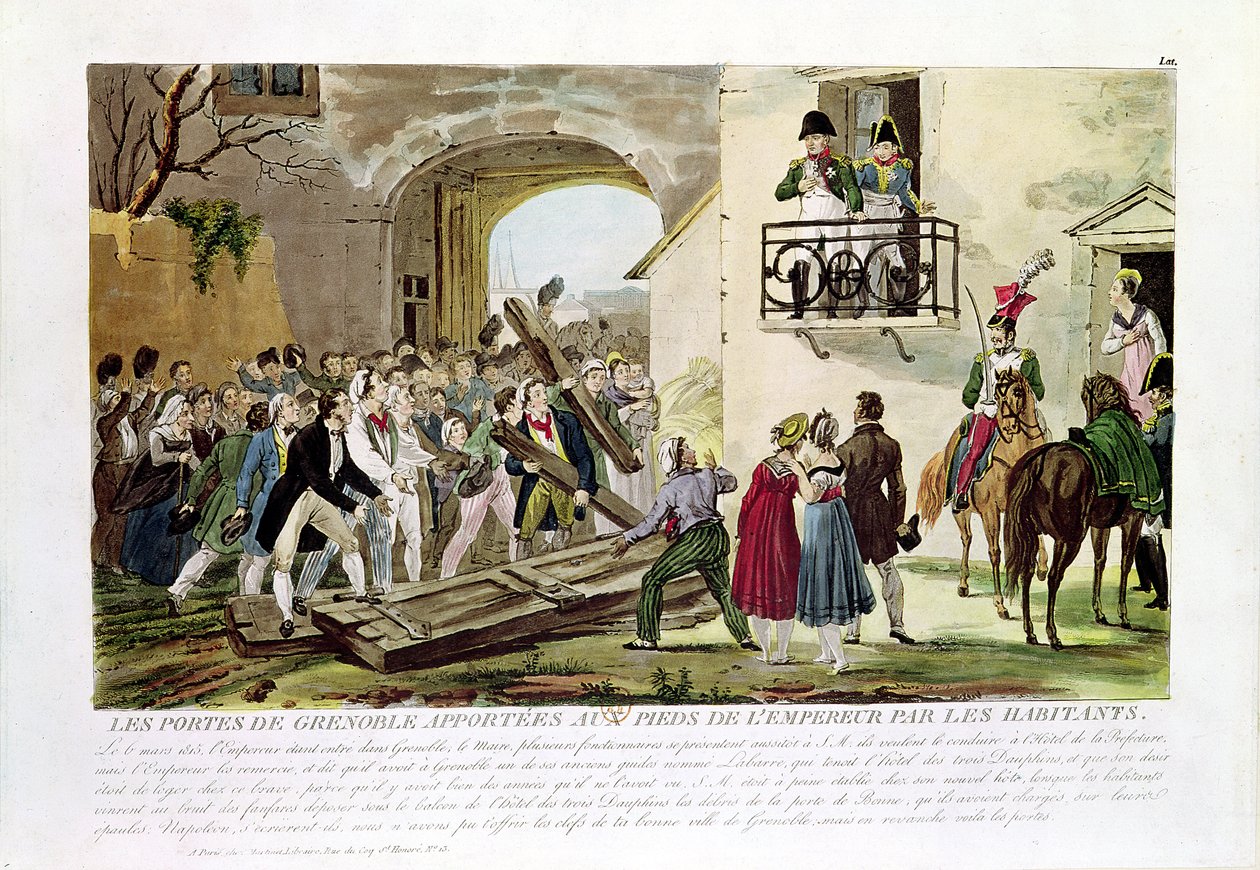 Invånarna deponerar Grenobles portar vid kejsarens fötter, 6 mars 1815 av French School