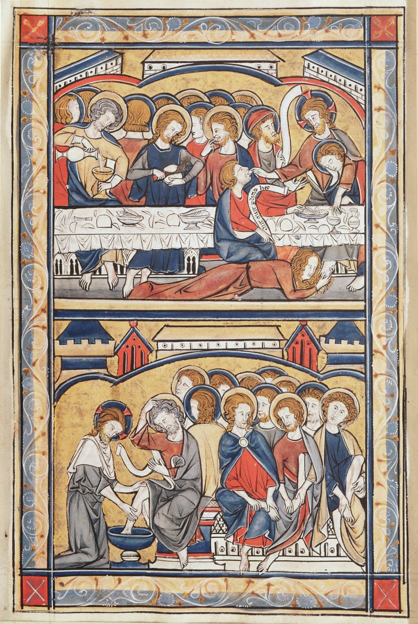 Den sista måltiden och fottvättningen, ca 1260 (tempera och bladguld på pergament) av French School