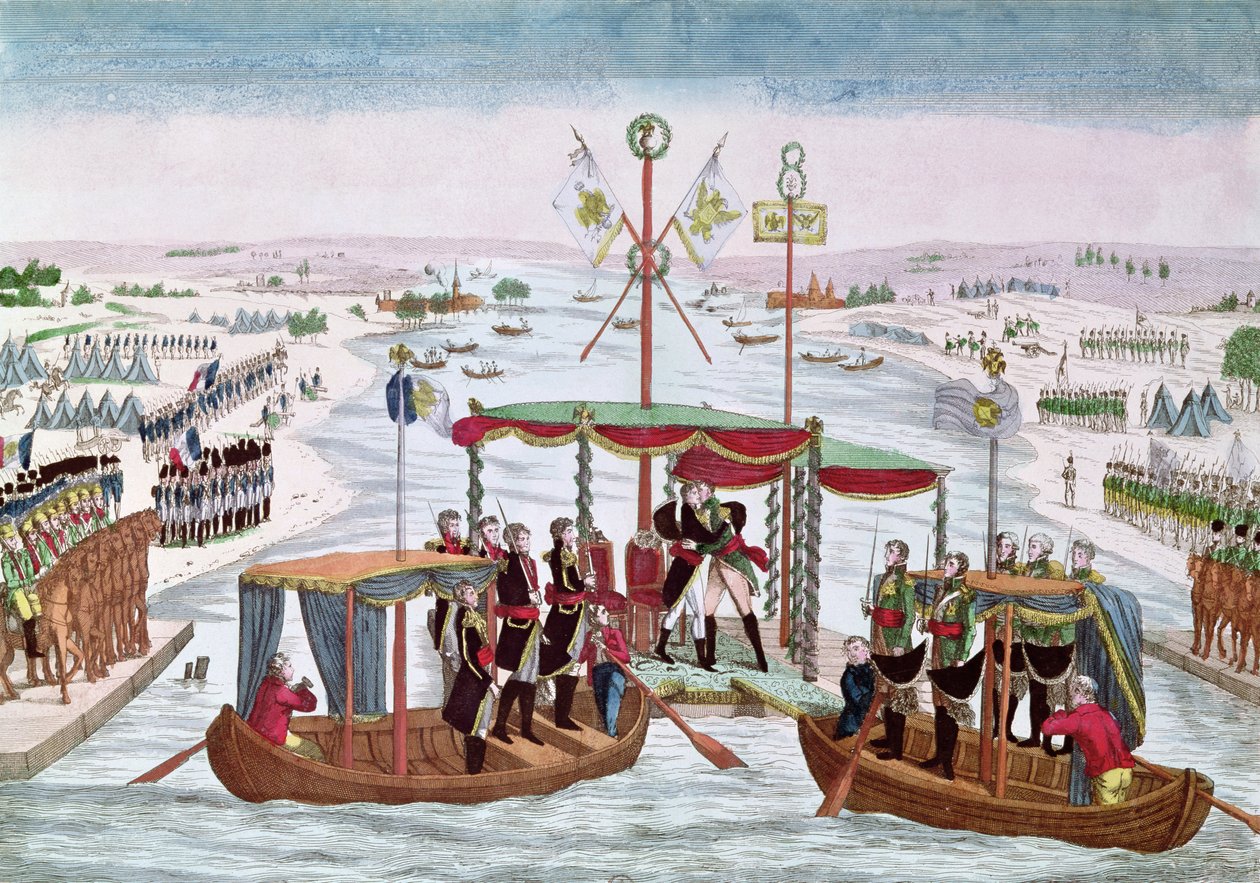 Mötet mellan Napoleon I (1769-1821) och tsar Alexander I (1777-1825) i Niemen, 25 juni 1807 av French School