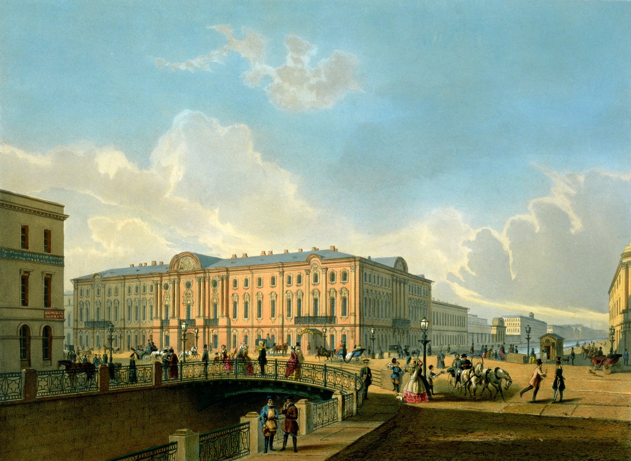 Moyka-vallen och polisbron i St. Petersburg, tryckt av J. Jacottet och Regamey, utgiven av Lemercier, Paris, 1850-talet av French School