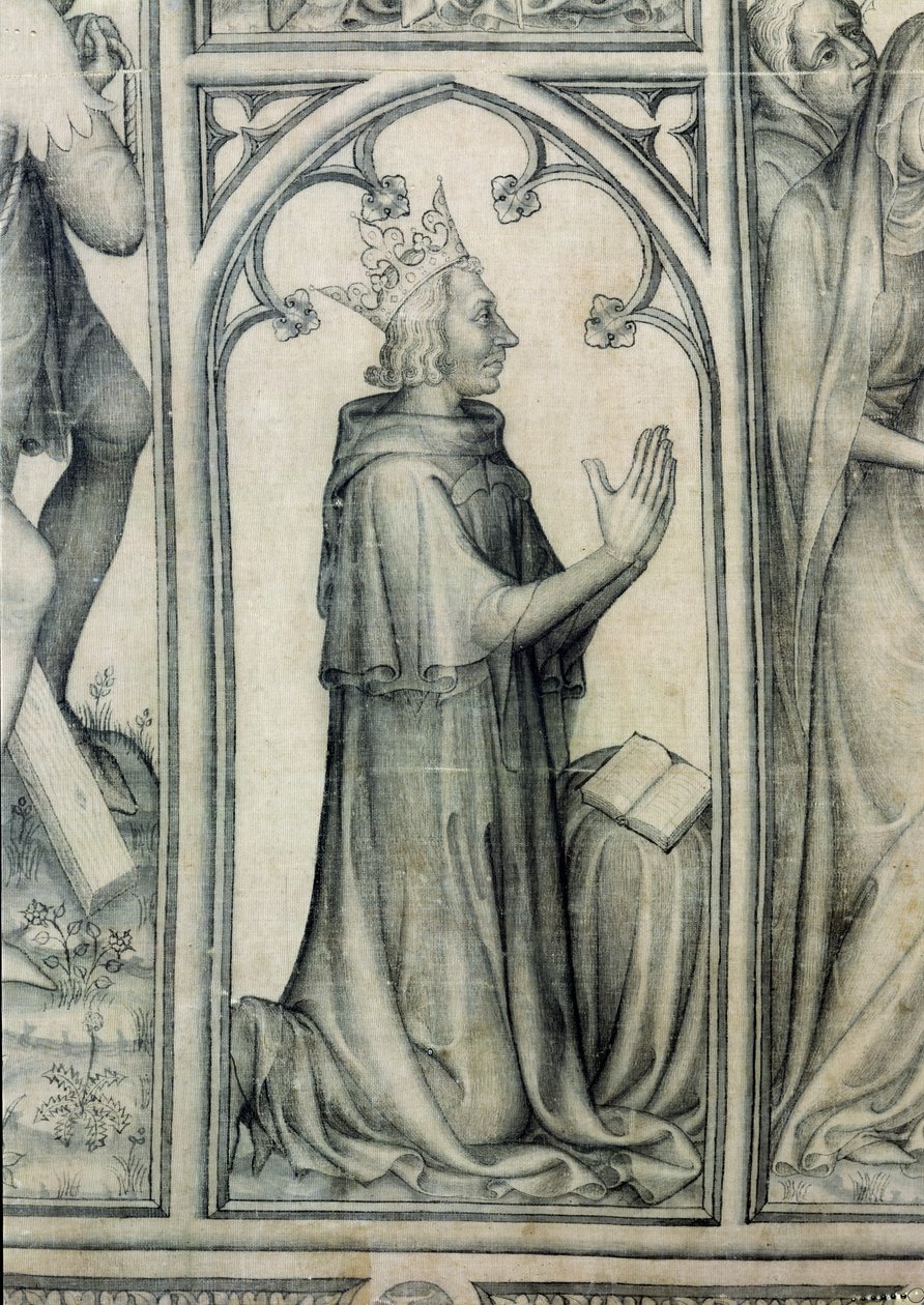 The Parement of Narbonne, detalj av Karl V (1338-80) som ber, c.1375 (grisaille på siden) (detalj av 83469) av French School