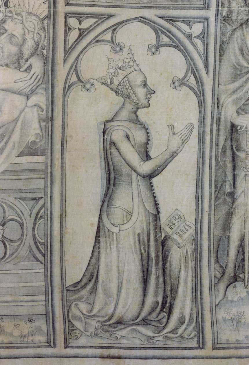 The Parement of Narbonne, detalj av Jeanne de Bourbon (1338-77) som ber, c.1375 (grisaille på siden) (detalj av 83469) av French School