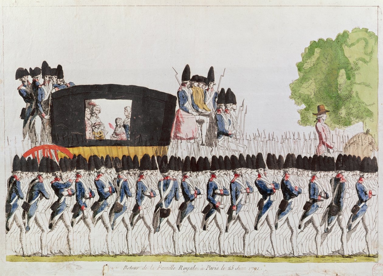 Kungafamiljens återkomst till Paris, 25 juni 1791 (färgstick) av French School