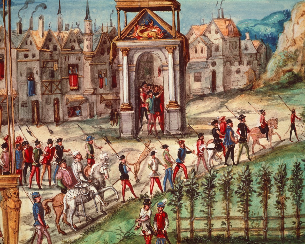 Henri II:s (1519-59) kungliga inflyttningsfest i Rouen den 1 oktober 1550. av French School