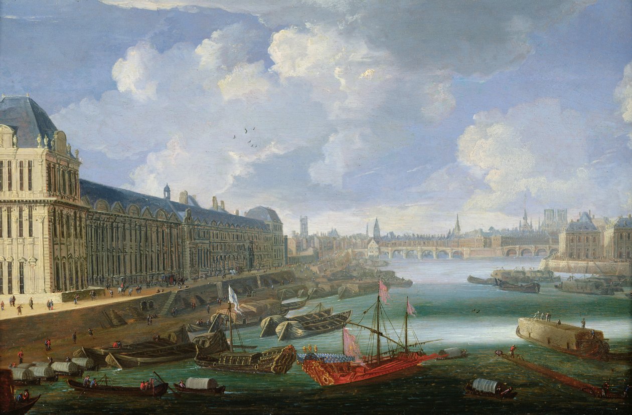 Seinen sedd mot Pont-Neuf, Louvren och College Mazarin, ca. 1675 av French School