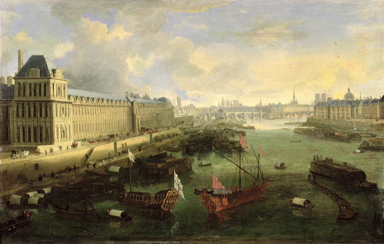 Seinen med Pont Neuf, Louvren och College Mazarin, c.1675 av French School