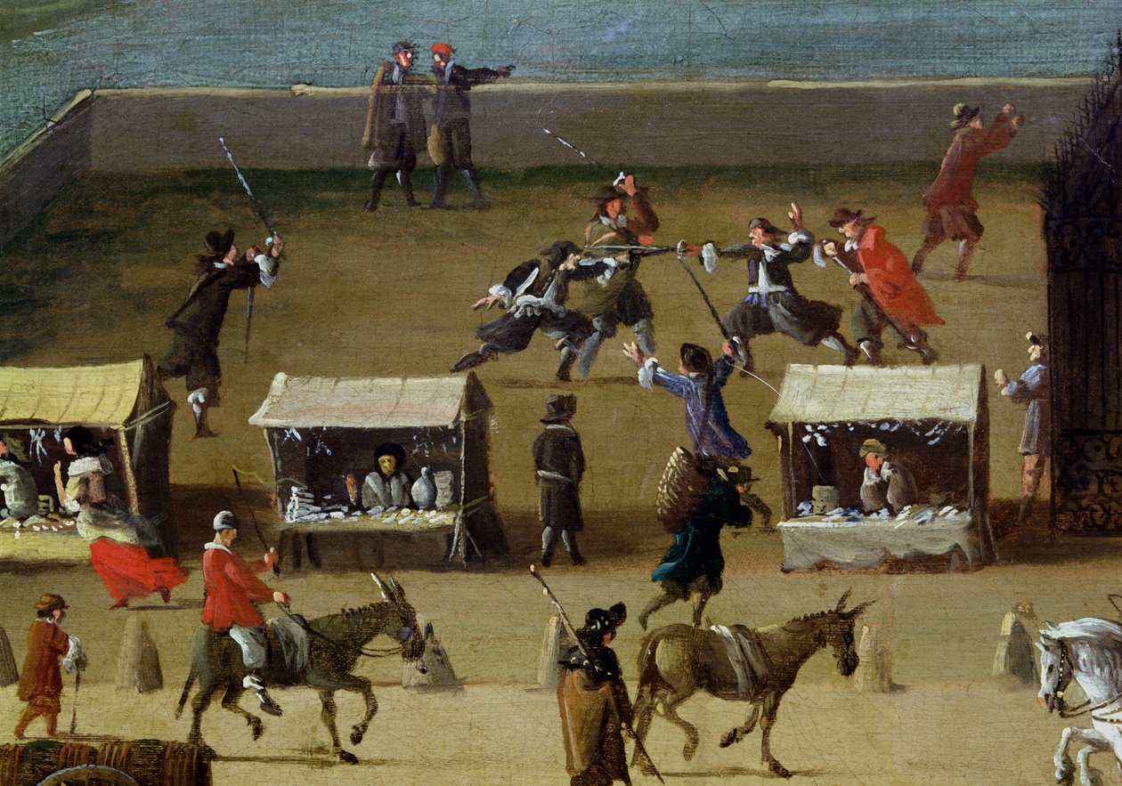 Seine, Louvren och College des Quatre-Nations från Pont-Neuf, detalj av marknadsstånd och män som duellerar, ca 1665-70 av French School