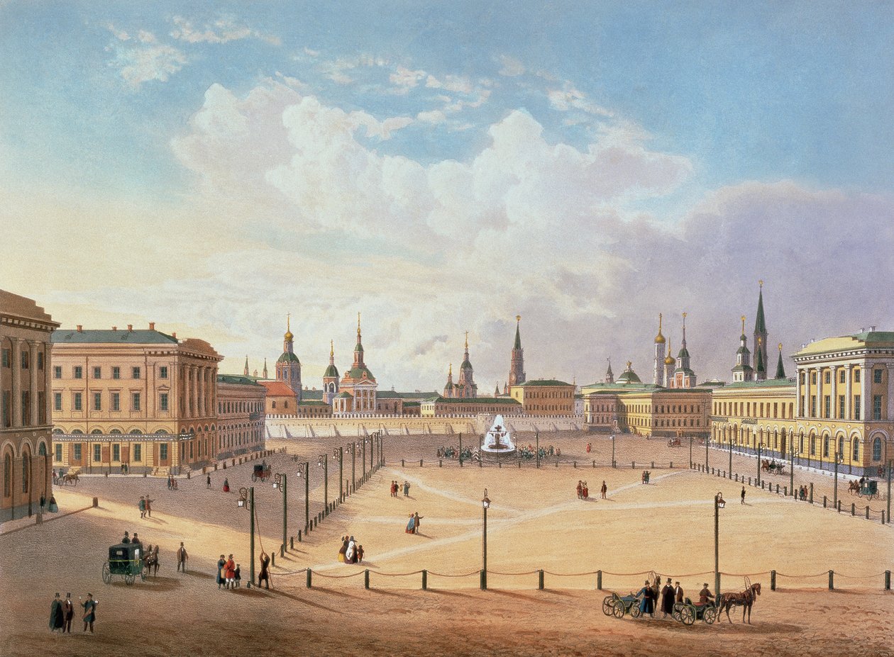 Teatertorget i Moskva, tryckt av Jacottet och Bachelier, 1830-talet (färglitografi) av French School