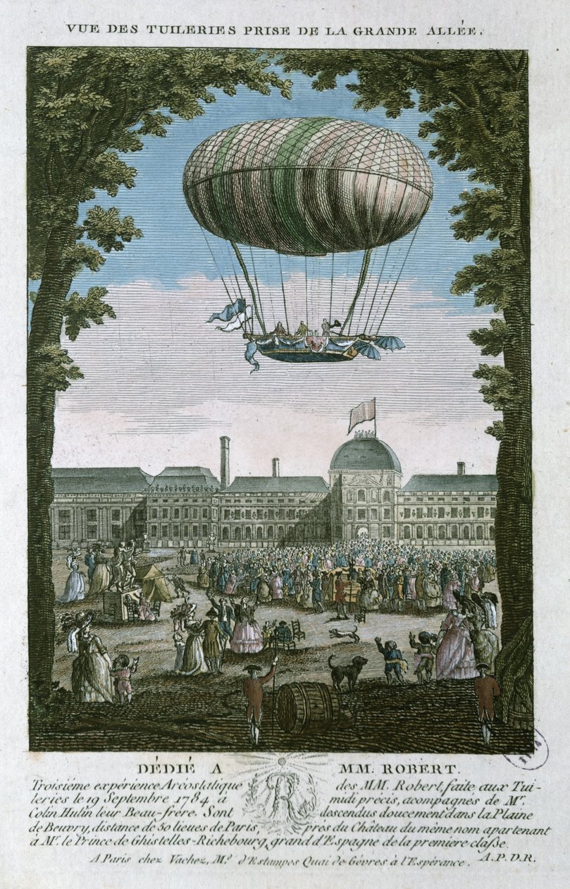 Den tredje flygningen av Nicholas Robert (1761-1828) och hans bror från Tuilerierna, 19 september 1784 av French School