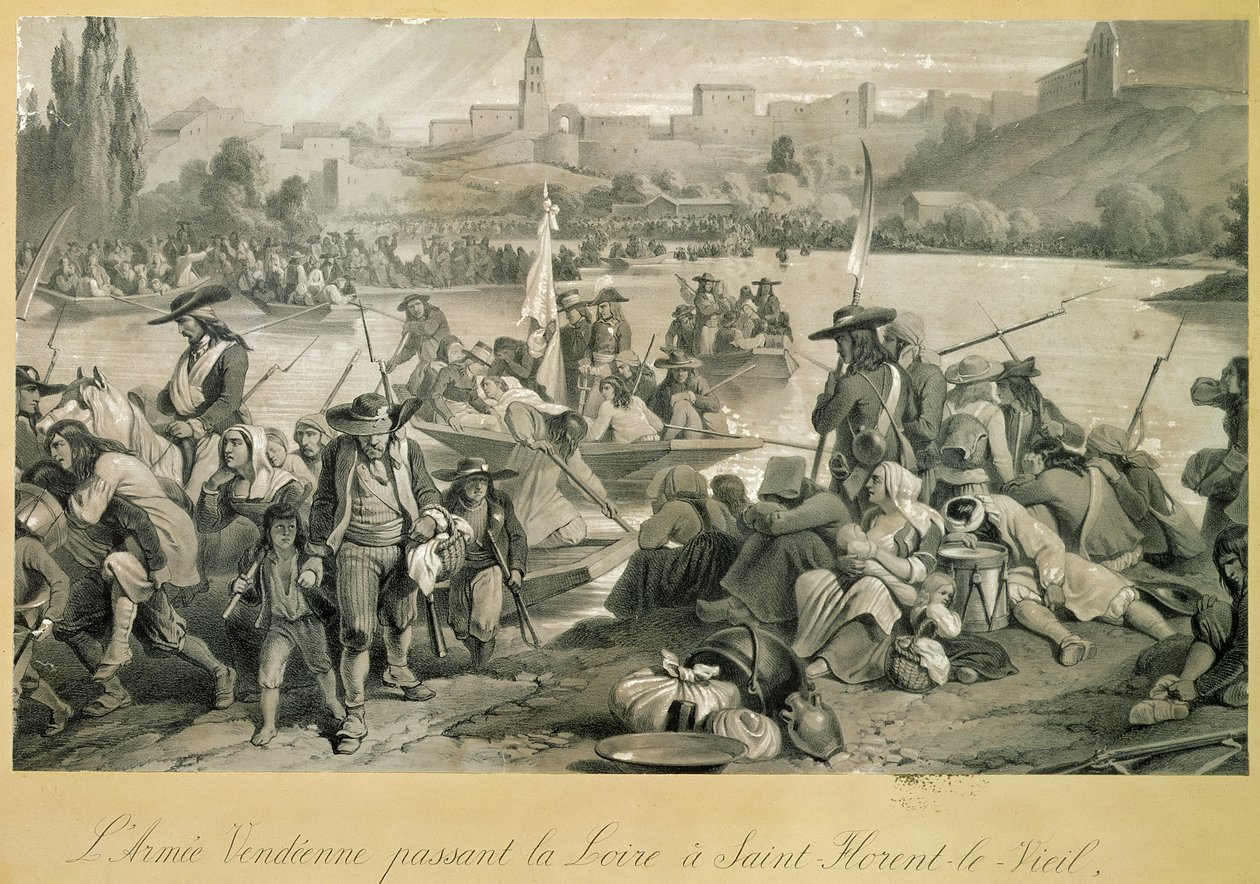 Den vendéiska armén korsar Loire vid St. Florent le Vieil, 18 oktober 1793 av French School