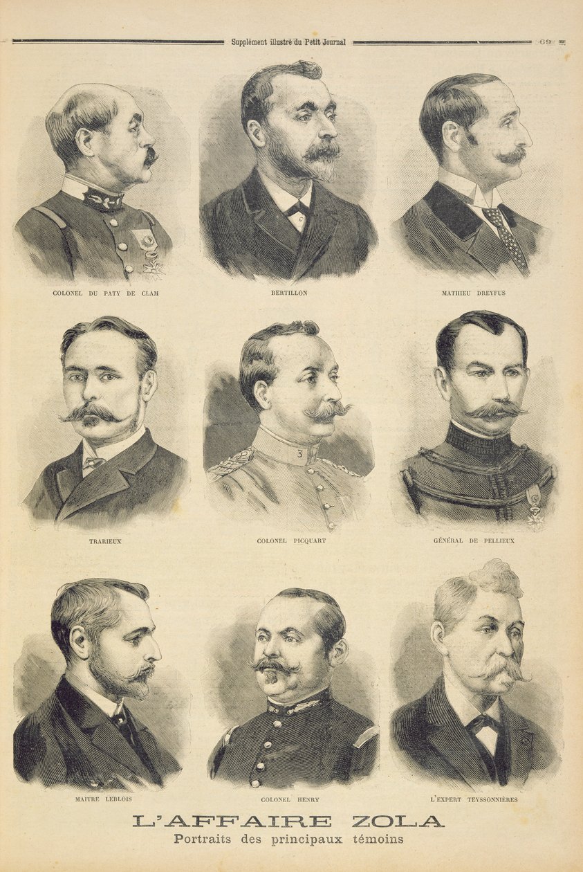 Zolaaffären: huvudvittnen, illustration från det illustrerade bilagan till Le Petit Journal, 27 februari 1898 av French School