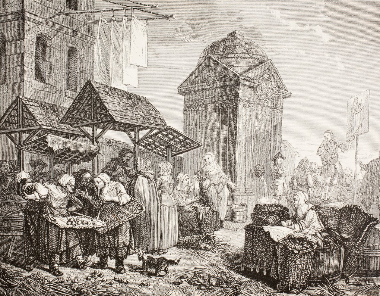 Marknaden på Place Maubert, Paris, på 1700-talet, efter ett verk av Jeaurat, från 