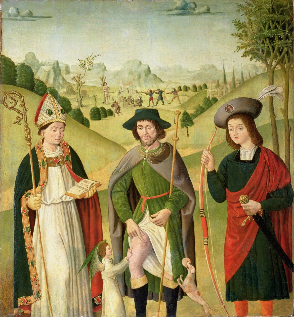 Tre heliga: Biskop Saint, St. Roch och St. Sebastian, ca 1460-80 av French School