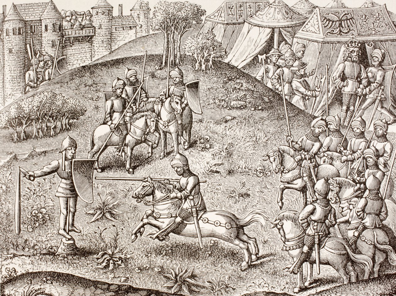 Lutar mot en kvint, den roterande bilden av en riddare, från "Militärt och religiöst liv i medeltiden" av Paul Lacroix, publicerad i London ca 1880 av French School
