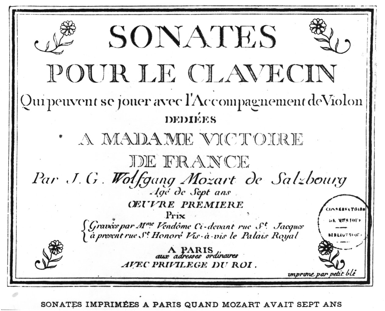 Titelsida för "Sonatas pour le cembalo" tillägnad Madame Victoire de France (1733-99) av Mozart (1756-91), publicerad i Paris 1764 av French School