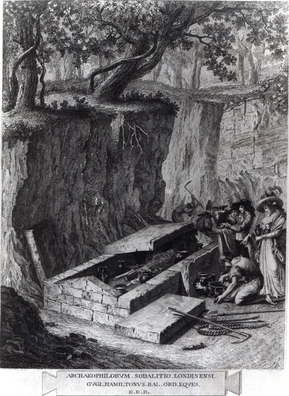 Turister som tittar på öppnandet av en forntida grav, c.1766 av French School