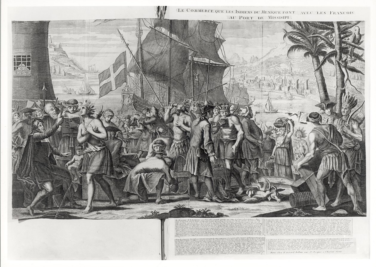 Handel mellan mexikanska indianer och fransmän i hamnen i Mississippi, av French School