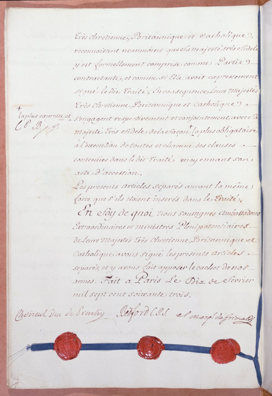 Parisfördraget, som avslutar sjuåriga kriget, undertecknat av Frankrike, Storbritannien och Spanien den 10 februari 1763 av French School