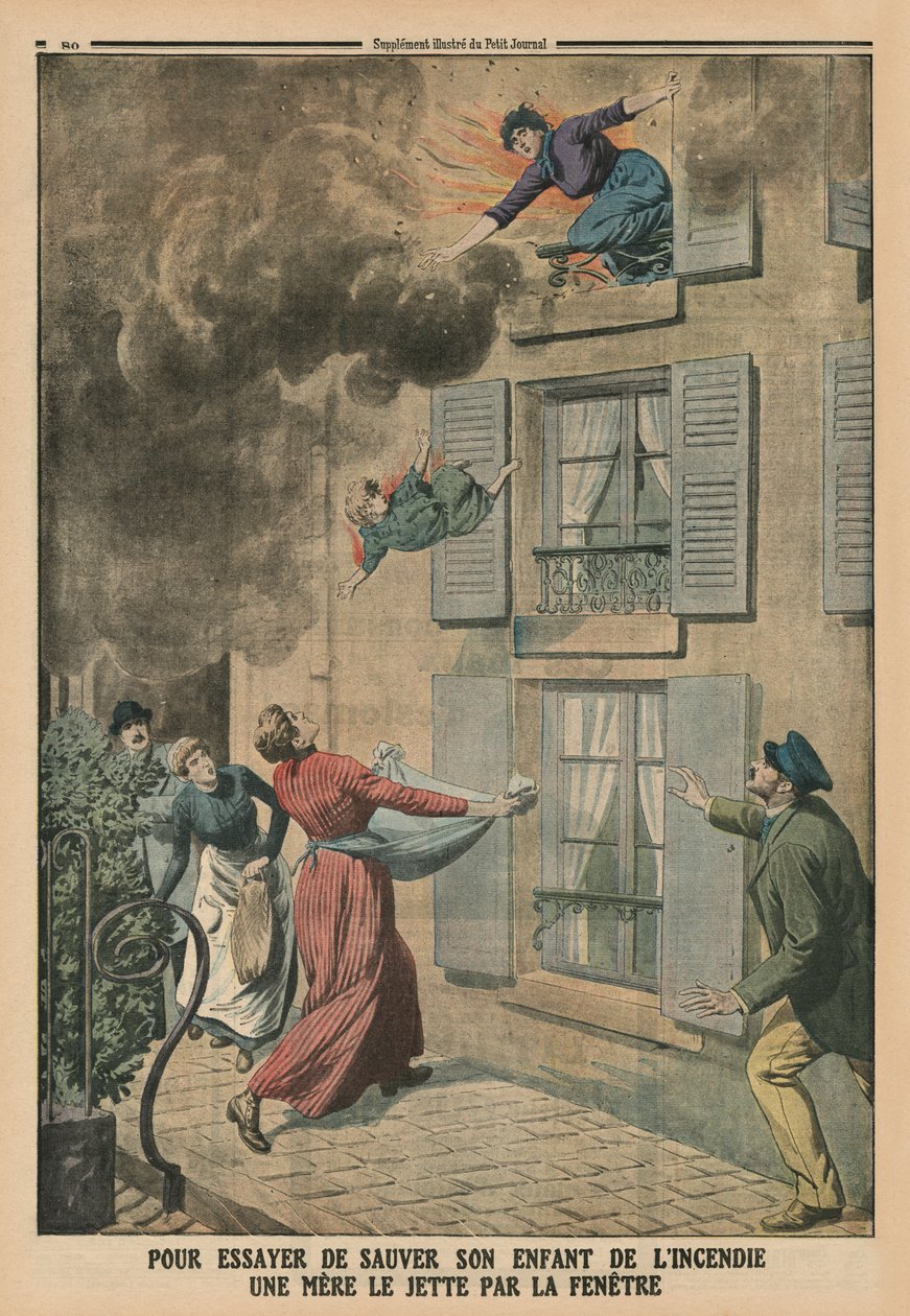 För att försöka rädda sitt barn från elden kastar en mamma honom genom fönstret, illustration på baksidan från 