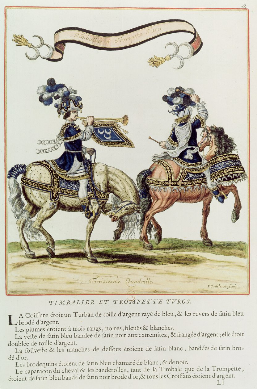 Turkisk trummis och trumpetare, en del av karusellen som gavs av Ludvig XIV (1638-1715) framför Tuilerierna, 5 juni 1662 av French School