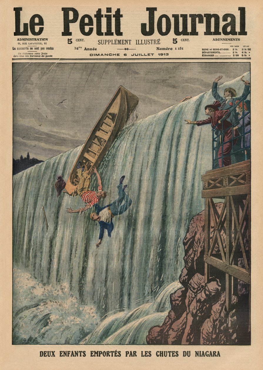 Två barn som bärs med av Niagarafallen, illustration på omslaget från "Le Petit Journal", supplement illustre, 6 juli 1913. av French School