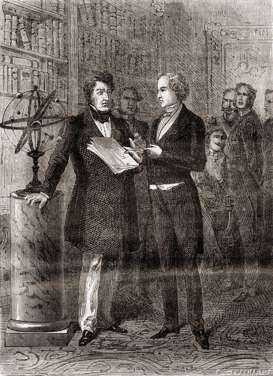 Urbain Jean Joseph Le Verrier, till höger, mottagen av kung Louis-Philippe, till vänster, på The Tuilleries, Paris, Frankrike, efter hans upptäckt av planeten Neptunus 1846, från Les Merveilles de la Science, pub av French School
