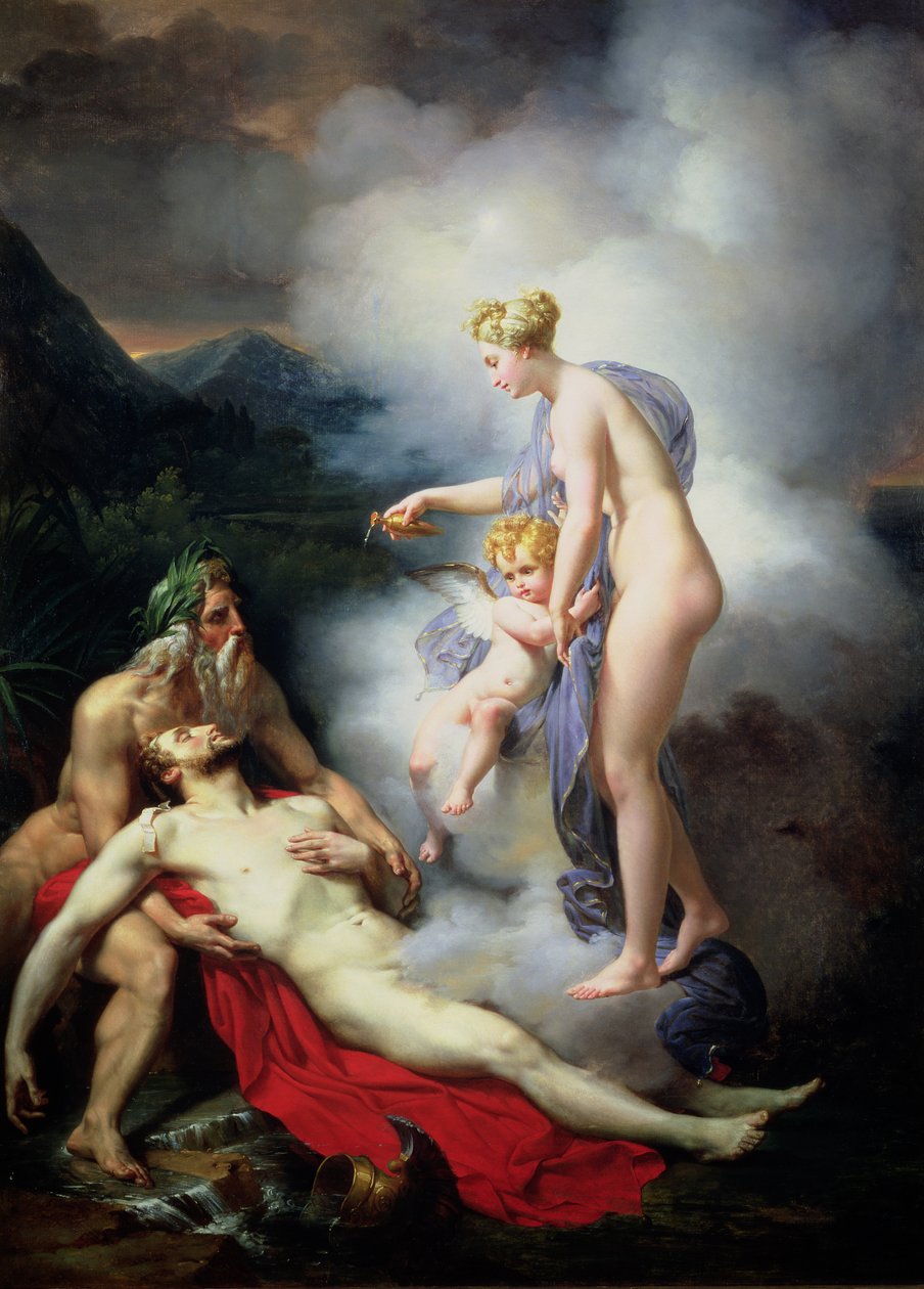 Venus helar Adonis av French School