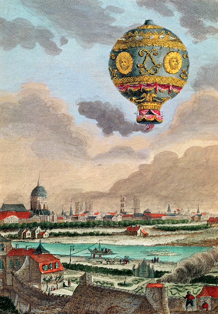 Utsikt från terrassen på Monsieur Franklin vid Passy av den första flygningen under ledning av Monsieur de Montgolfier, 21 november 1783 av French School