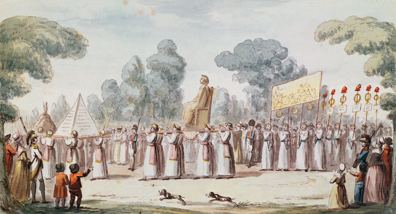 Vy över en revolutionär procession (färggravyr) av French School