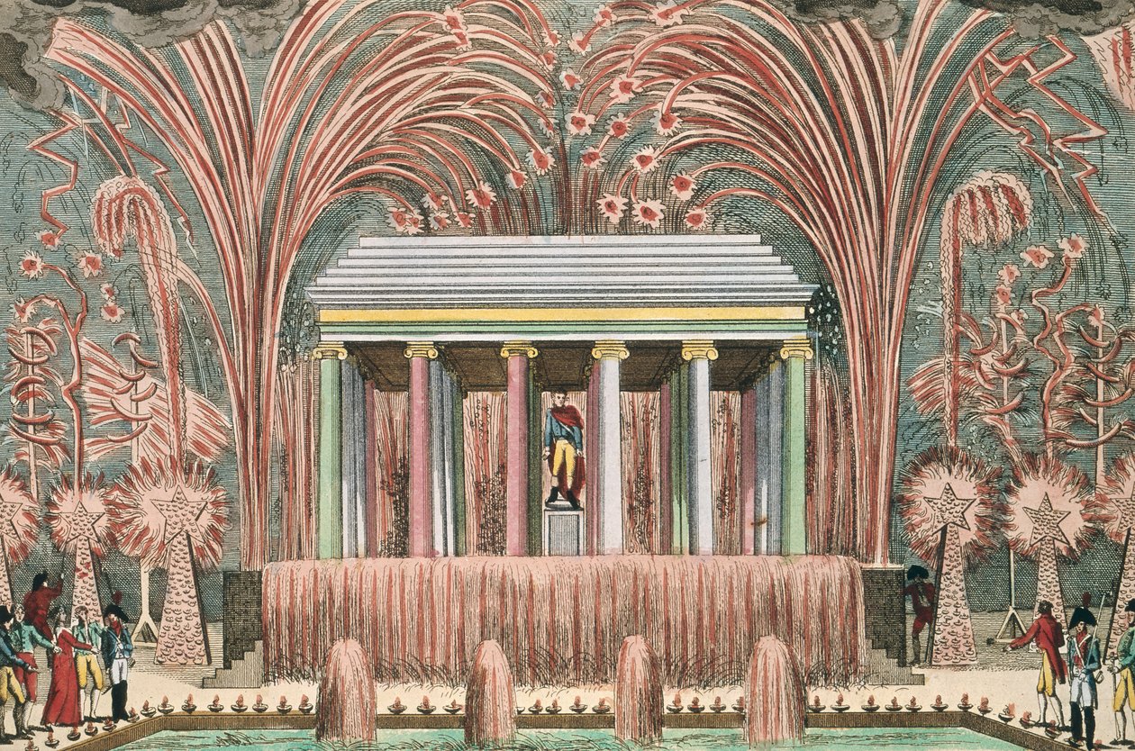 Vy över ett fyrverkeri i Jardin du Luxembourg den 28 november 1807. av French School
