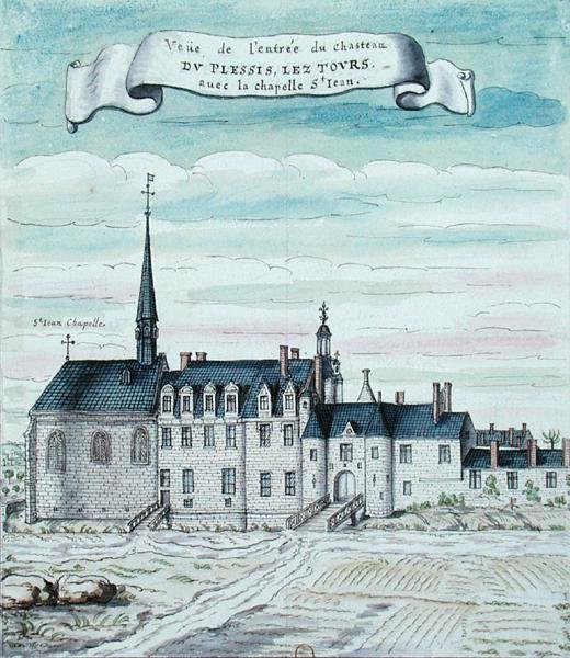 Utsikt över Chateau de Plessis-les-Tours och kapellet St. Jean i Tourraine, 1699 (penna & bläck och wc på papper) (se även 173767) av French School