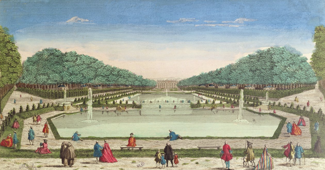 Utsikt över trädgårdarna och slottet Marly (färggravyr) av French School