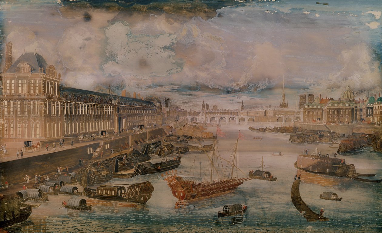 Udsigt over Seinen, Grande Galerie of Louvre og College des Quatre Nations, ca. 1680 sverige av French School