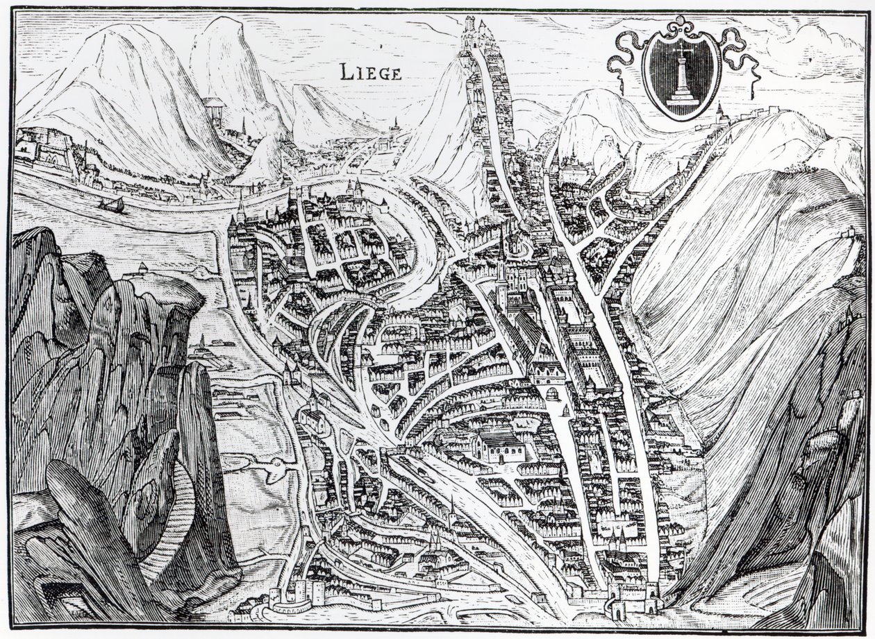 Utsikt över staden Liège, efter en gravyr från 1500-talet av French School