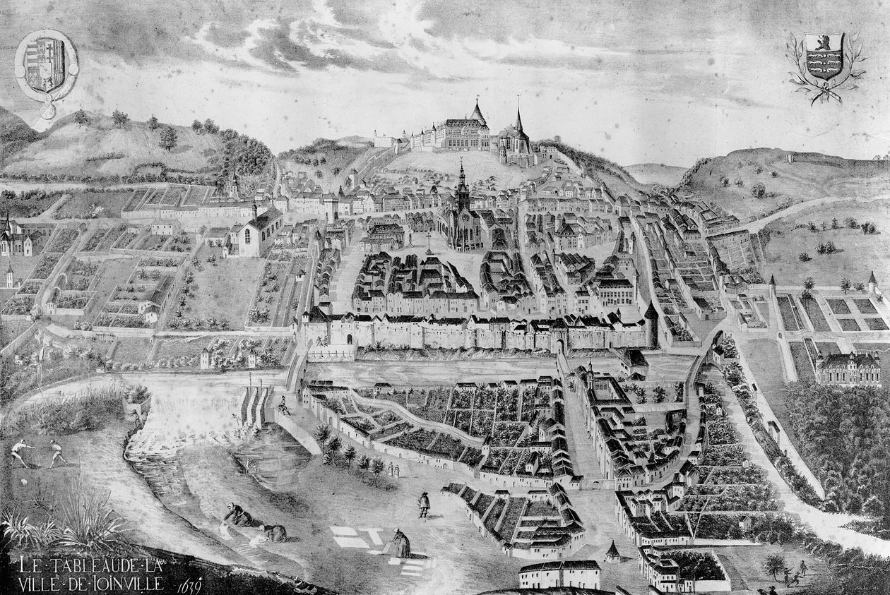 Utsikt över slottet och staden Joinville, från en målning från 1639 av French School