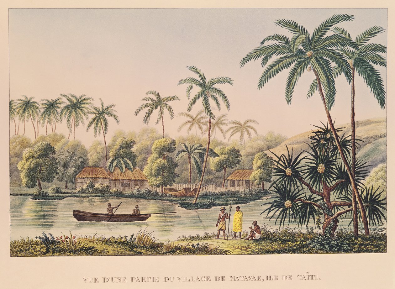 Byn Matavae, Tahiti, illustration från "Voyage around du Monde sur la Corvette Coquille" av löjtnant Louis Isodore Duperrey. av French School