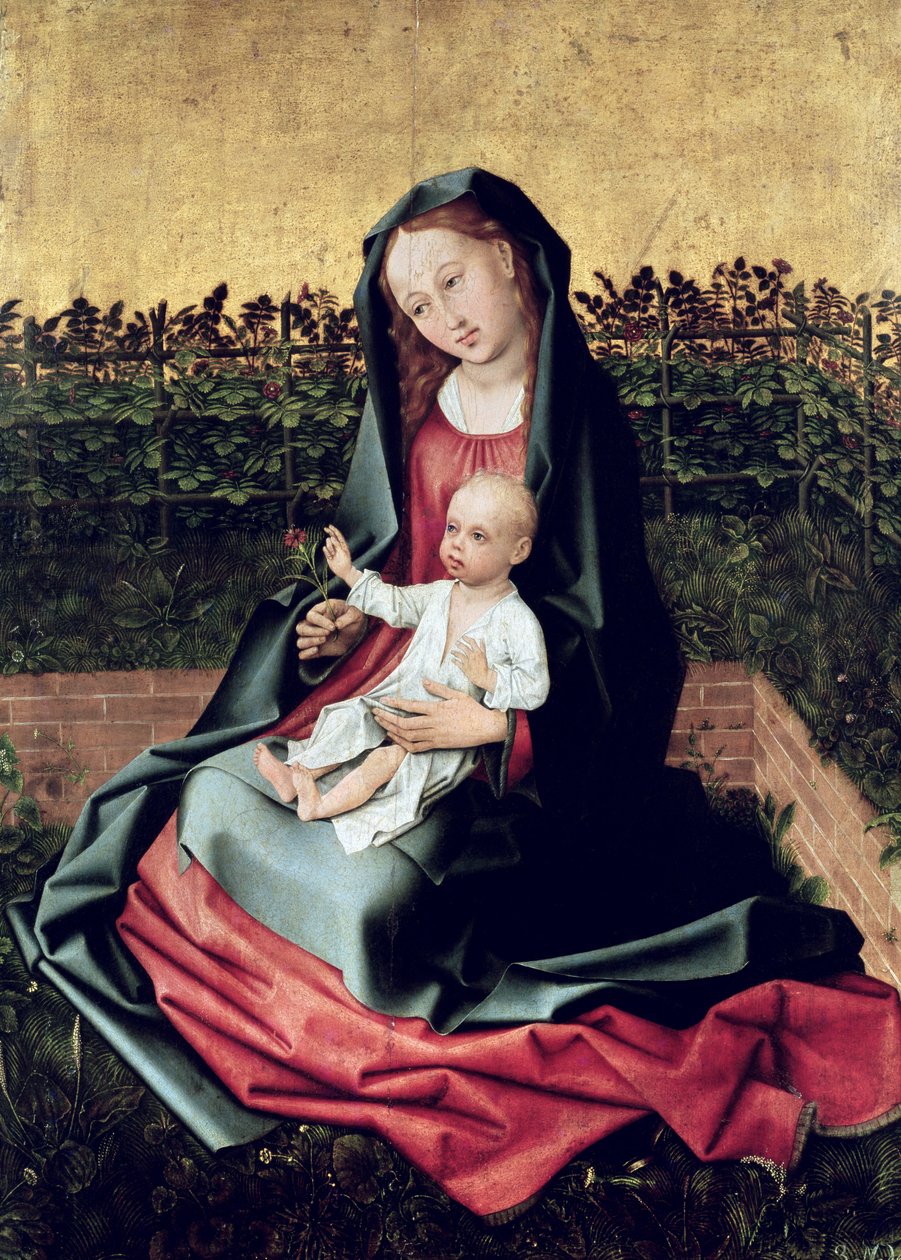 Jungfru och barn i den lilla trädgården eller Jungfru med rosenspaljé, ca 1470-72 av French School