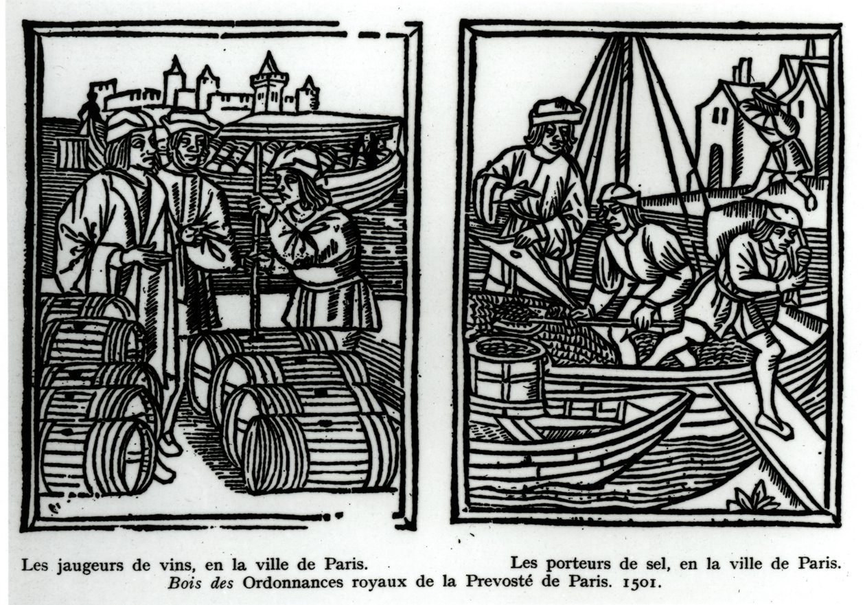 Vinmätare och salthandlare, 1501 (xylograf) av French School