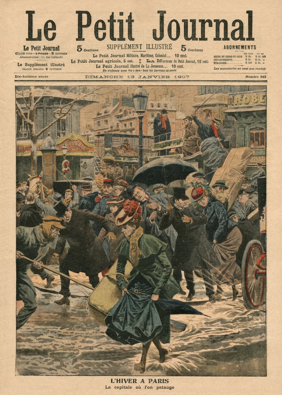 Vinter i Paris, gå i leran, illustration från 
