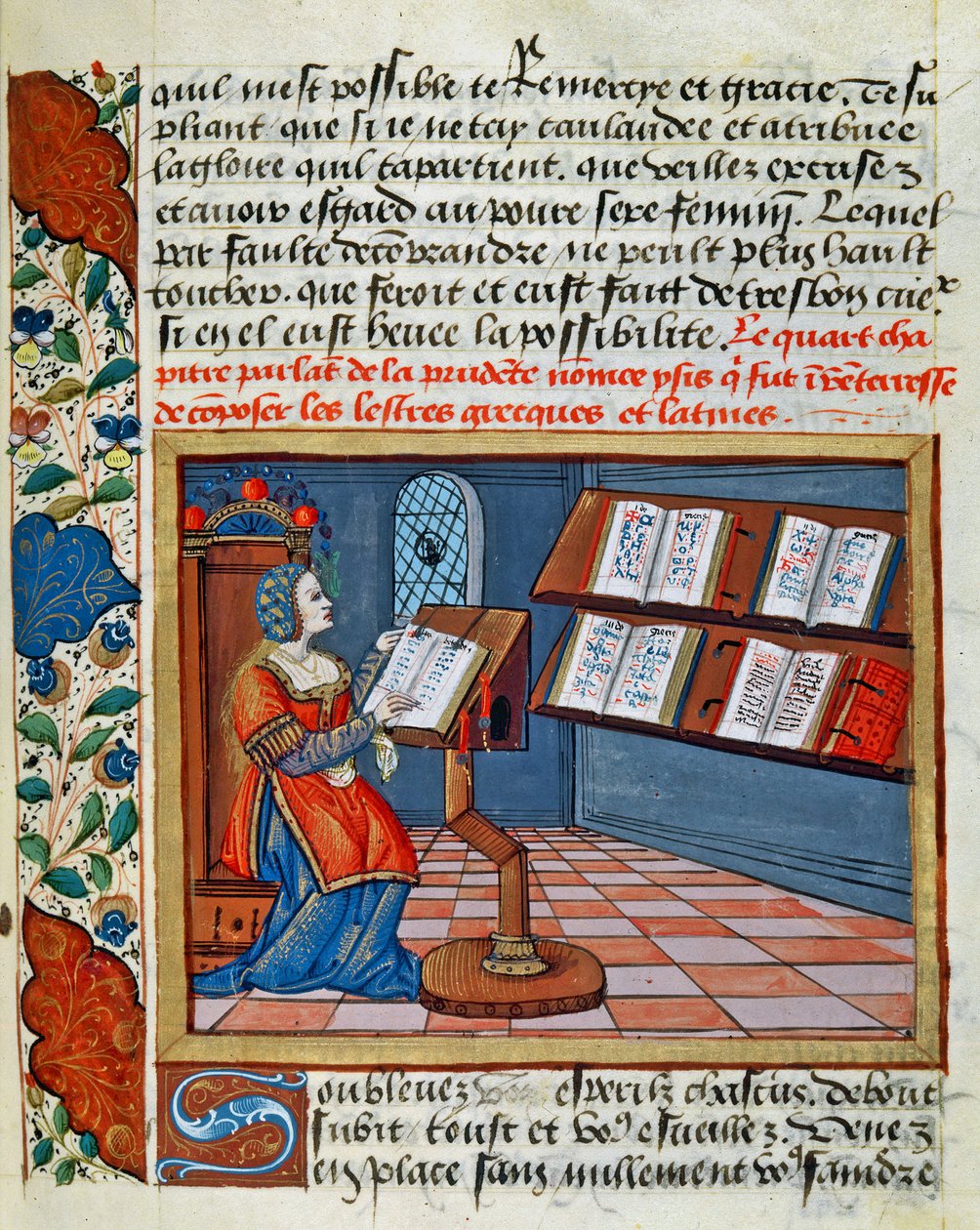 Kvinna som belyser boken om de försiktiga och oförsiktiga av Catherine dAmboise, 1509 av French School