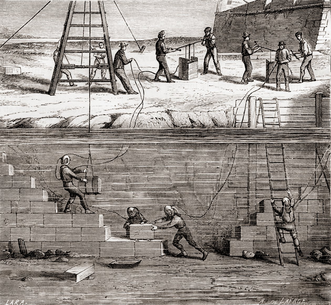 Arbetare i dykardräkter som arbetade med undervattenskonstruktioner på 1800-talet, från Les Merveilles de la Science, publicerad ca 1870 av French School