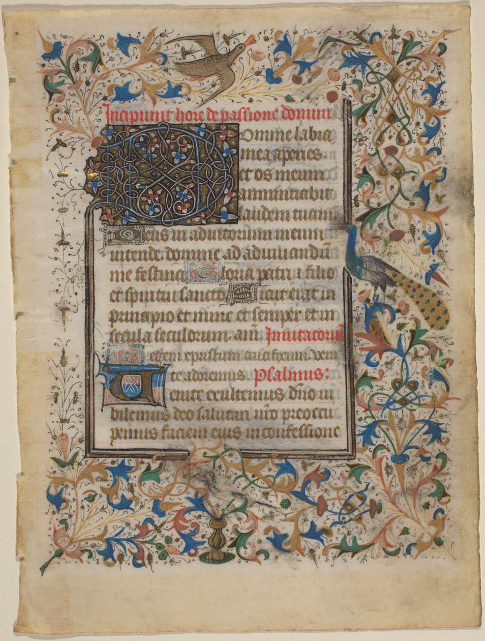 Manuskriptblad från en timbok (incip. Passionis) av French 14th Century