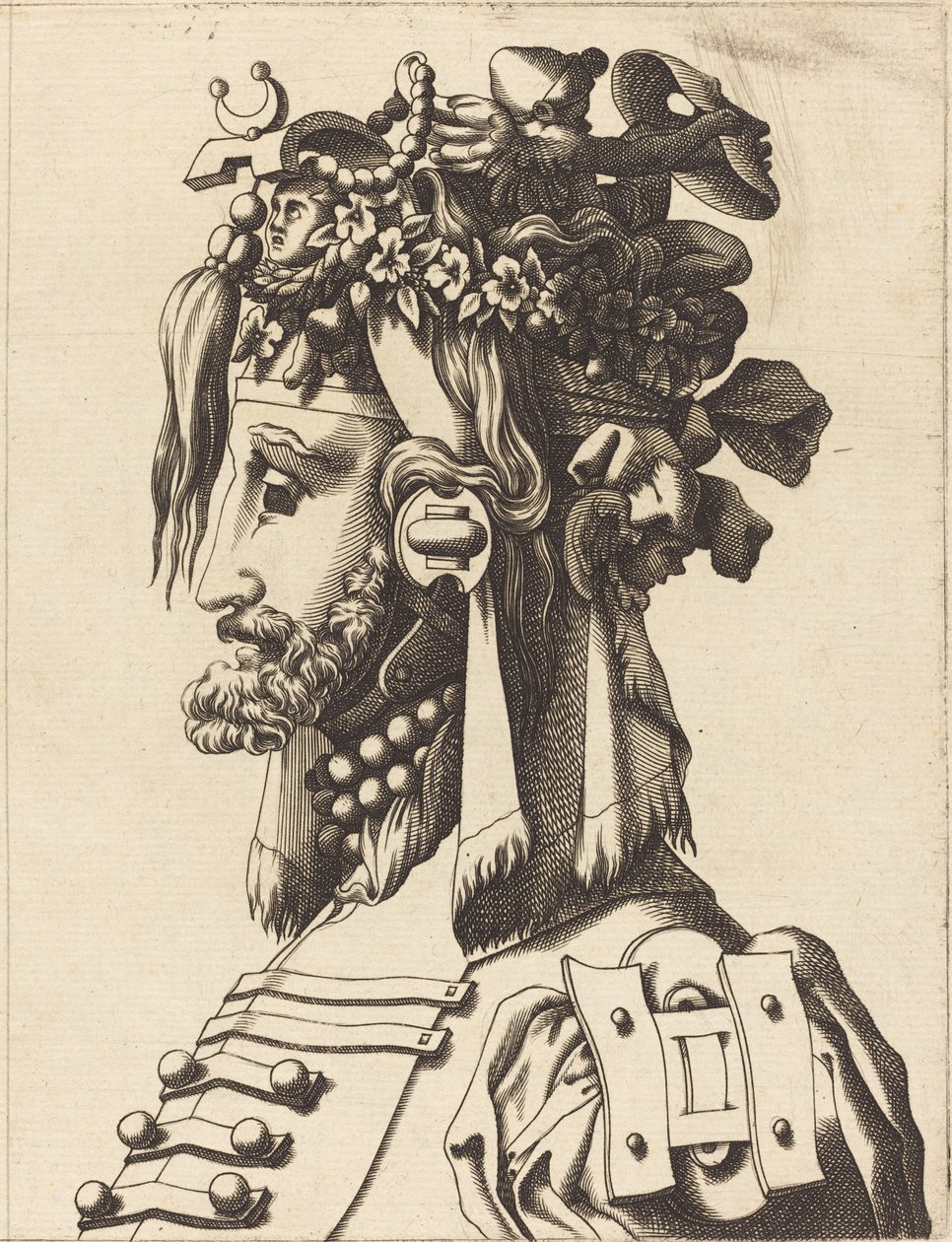 Byst av en man i en extravagant kostym av French 16th Century after René Boyvin or Pierre Milan