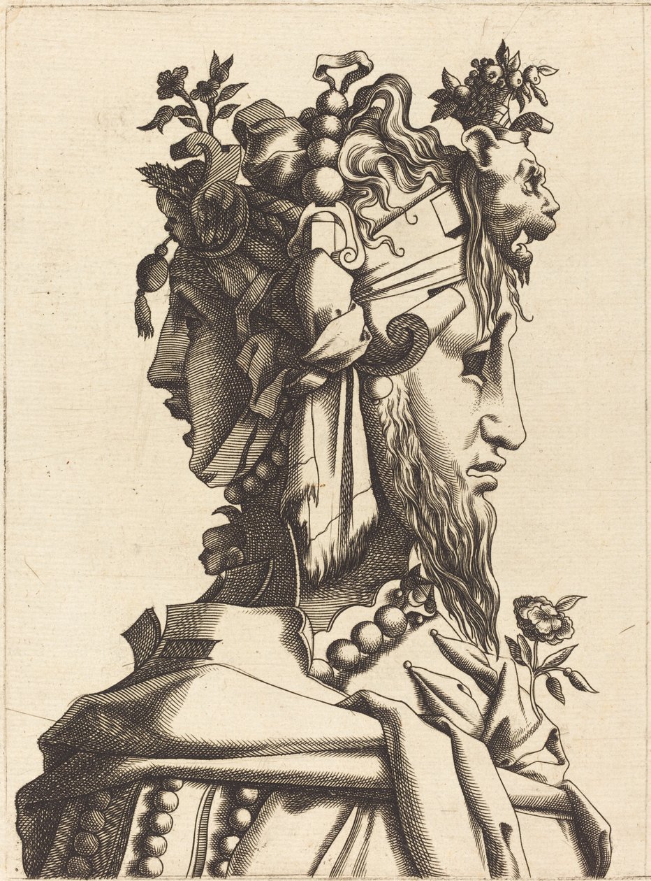 Byst av en kvinna i en extravagant kostym av French 16th Century after René Boyvin or Pierre Milan