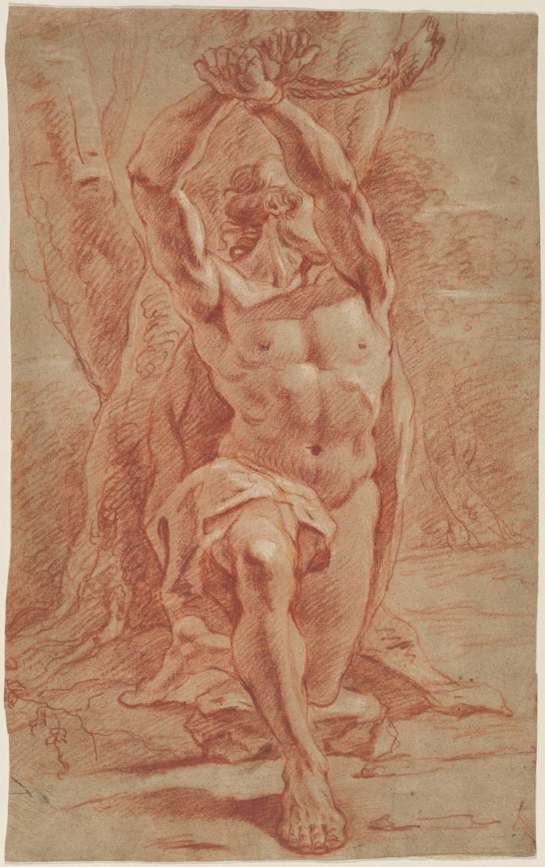 Knästående man bunden till ett träd av French 17th Century